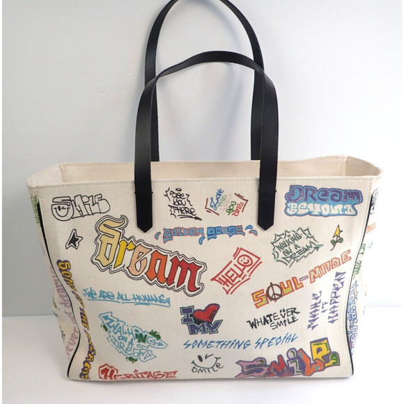 Golden Goose California Graffiti Canvas Tote Bag Tan with Black Straps - Picture 1 of 16